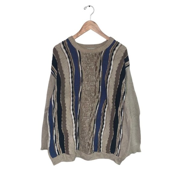 London Fog Sweater Men's Size Large Beige Brown Vintage COOGI Vibes Lightweight - Picture 1 of 7